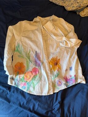 a new day White Button-Down Shirt with Hand-Painted Floral Accents